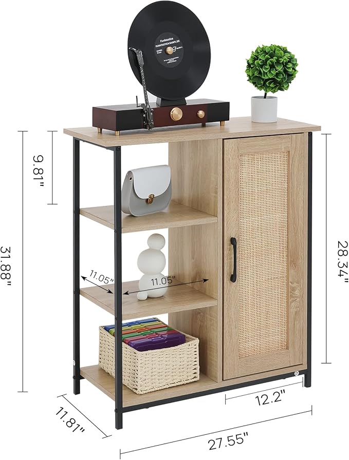 ALBAD Boho Sideboard Buffet Cabinet with 3 Tier Storage Shelves and Rattan Doors Rustic Farmhouse Coffee Bar Console Table for Living Room, Kitchen, Dining Room, Home Entryway