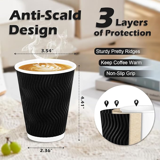 Lamosi Coffee Cups 12 oz 500 Pack, Black Disposable Cups, Corrugated Paper Cups 12 oz, Ripple Wall Insulated Water Cups for Hot Beverage