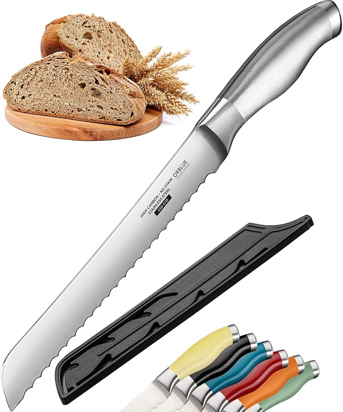 Orblue Serrated Bread Knife with Upgraded Stainless Steel Razor Sharp Wavy Edge Width - Bread Cutter Ideal for Slicing Homemade Bagels, Cake (8-Inch Blade with 5-Inch Handle)