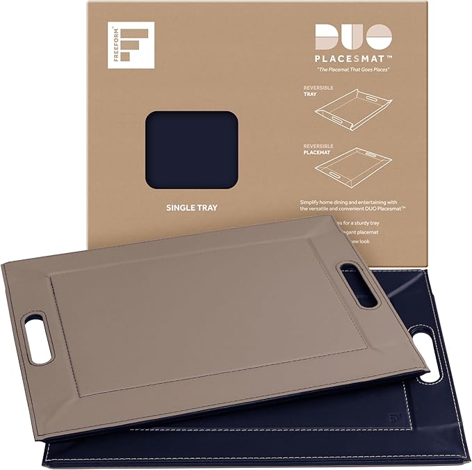 PLACEsMAT 2-in-1 Faux Leather Placemat & Serving Tray | Reversible Design, Lays Flat & Easy to Clean | Ottoman Food Tray, Perfect Housewarming Gift, 18” x 14” (Blue & Taupe, Single)