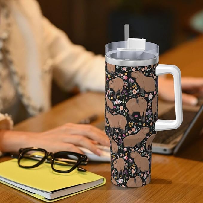 Capybara Gifts Capybara Tumbler Cute Water Bottle Cups for Girls, Teens, Women, Men Stainless Steel Vacuum Insulated 40oz Tumbler with Lid and Straw for Water, Iced Tea or Coffee, Black