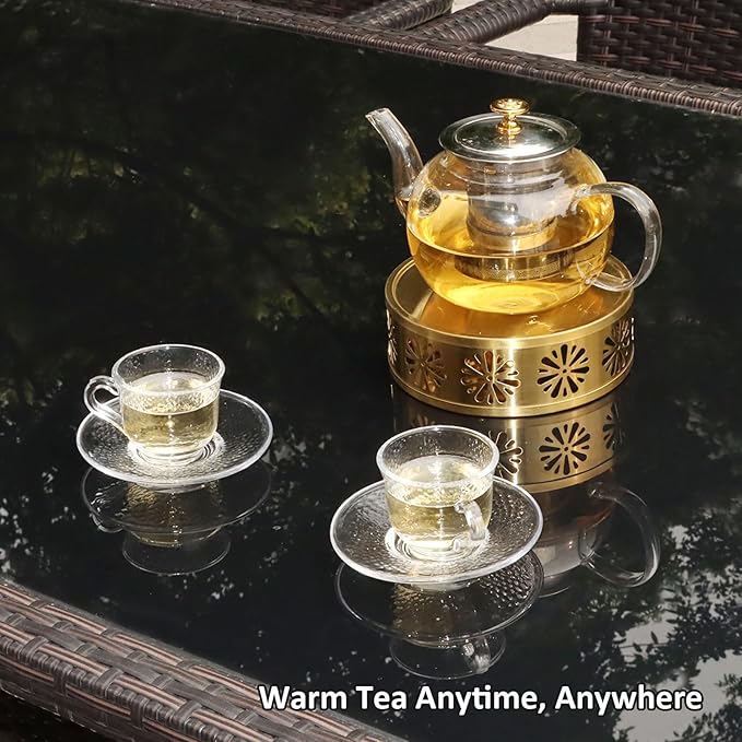 Tea Warmer Chrysanthemum Silhouette, JUKFITA Gold Brushed Stainless Steel Teapot Warmer, Includes 1 Tealight Holder