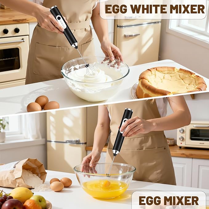 BEoffer Milk Frother Handheld Rechargeable 2000mAH Power Frother Wand Electric Foam Maker with 2 Stainless Whisks 3 Speeds Drink Mixer Coffee Frother for Latte, Cappuccino, Matcha (01 Black)