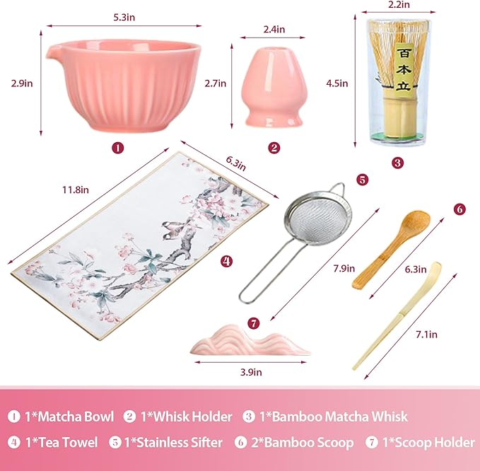 Matcha Whisk Set, 8 Pcs Matcha Kit Includes Matcha Bowl with Spout, Bamboo Whisk, Ceramic Holder, Bamboo Scoop x2, Scoop Rest, Stainless Sifter and Tea Towel, Gift for Matcha Lover (Pink)