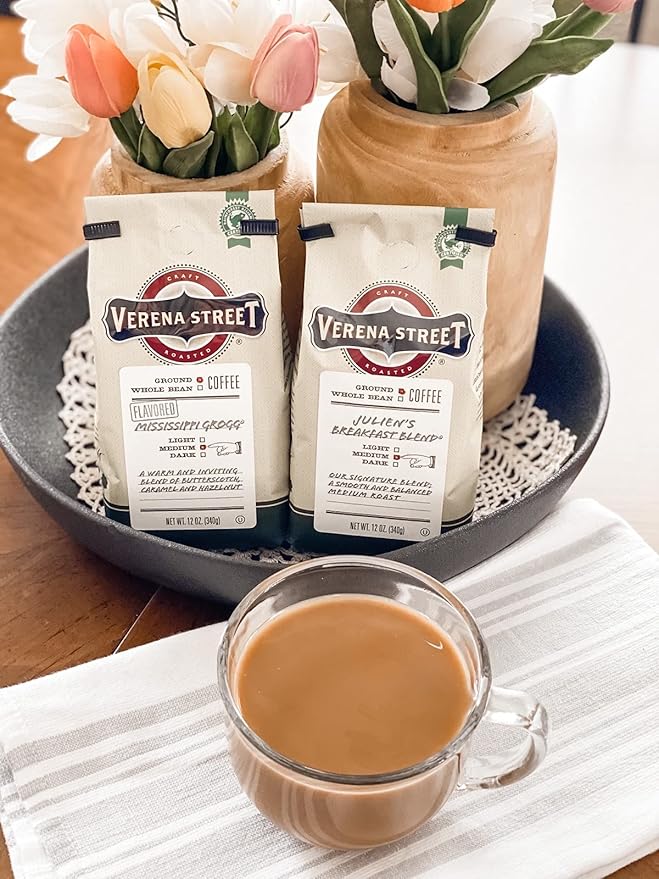 Verena Street 12 Ounce Flavored Ground Coffee, Mississippi Grogg, Medium Roast, Rainforest Alliance Certified Arabica Coffee