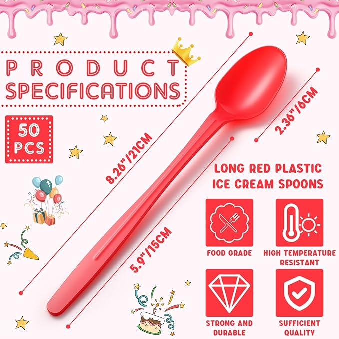 50 Pcs Extra Long Spoons for Ice Cream Floats Plastic Sundae Spoons Bulk 8 Inch Long Handle Spoon Heavy Duty for Ice Cream Milkshakes Tea Cocktails Root Beer Float and Tall Beverages (Red)