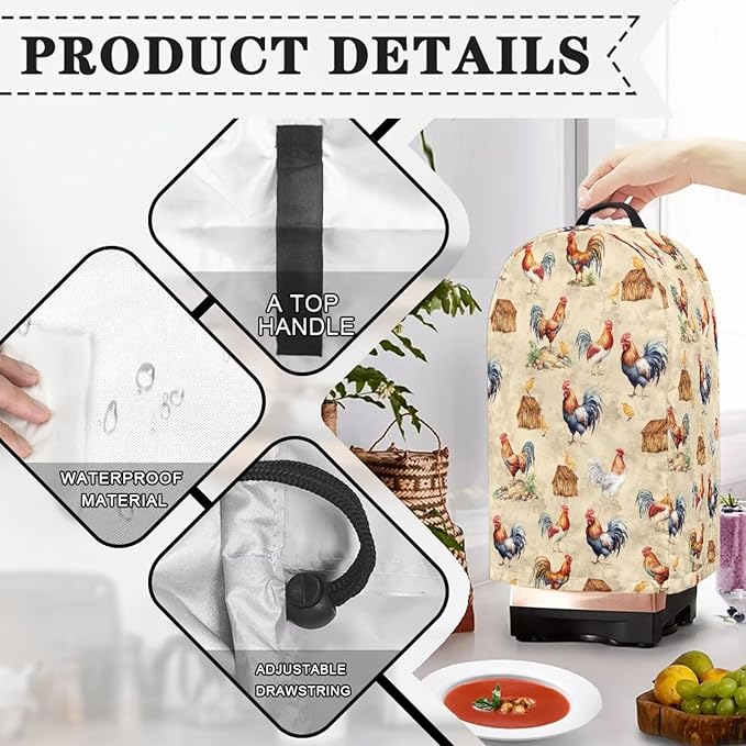 Farm Rooster Blender Cover Dust Cover Appliance Dust Cover for Small Food Processor Coffee Maker Juice Maker with Top Handle Kitchen Decor Foldable
