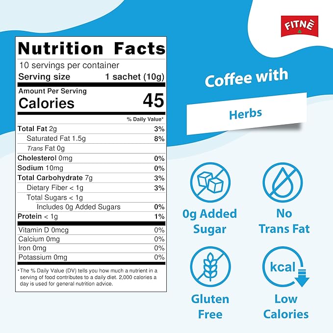 FITNE Instant 3 In 1 Coffee Packets Mix With Herbs Cinnamon Garcinia Safflower Spice Latte Smooth Blend No Sugar Sucralose Sweetener, 10 Sachets