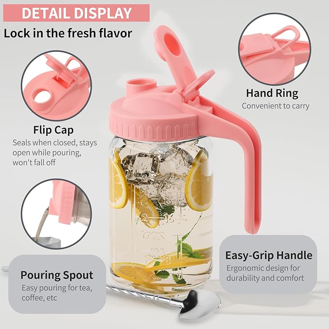 32oz Glass Pitcher with Lid &Pour Spout - 1 Quart Breastmilk Pitcher Double Leak Proof, Creamer Container for Sun Tea, Juice, Cold Brew Coffee, Breastmilk Storage Container -Pink Lid
