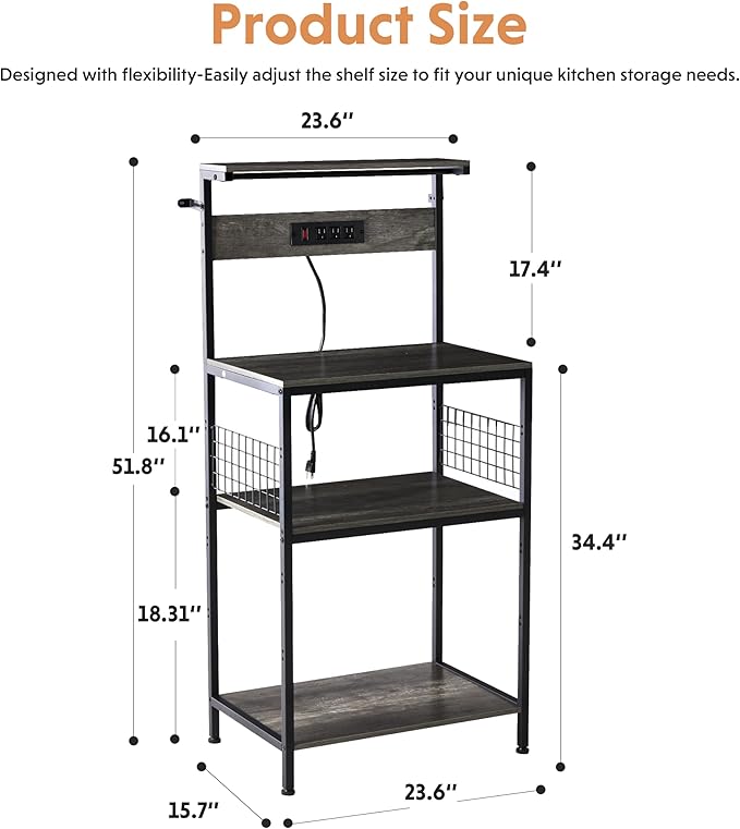 Simple Deluxe Kitchen Bakers Rack with Power Outlet, Coffee Bar Accessories Table, 4-Tier Adjustable Storage Shelf for Spices, Freestanding Appliance Organizer, 23.6 Inch, Gray