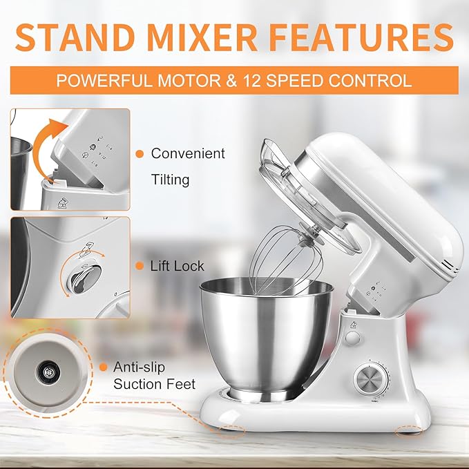 4.8QT Stand Mixer, 12-Speed Electric Kitchen Mixer with Tilt-Head, Stainless Steel Bowl, Egg Whisk, Dough Hook & Beater – Lightweight, Compact for Small Kitchens (White)