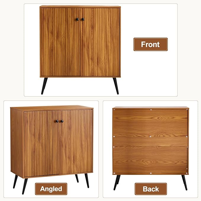EROMMY Fluted Sideboard Buffet Cabinet, Wooden Storage Cabinet with Adjustable Shelf, Multifunctional Accent Cabinet with Adjustable Shelves for Dining Room, Living Room, Entry, Hallway, Walnut