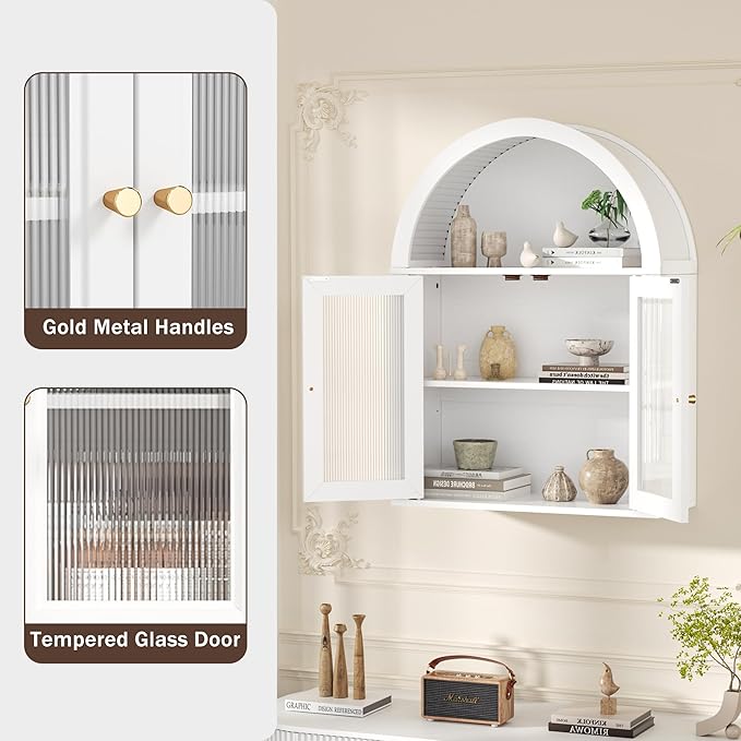 Arched Bathroom Cabinet, Wall Mounted Bathroom Cabinet with Tempered Glass Doors and Adjustable Shelf, for Kitchen, Living Room, Laundry Room, Restroom, White