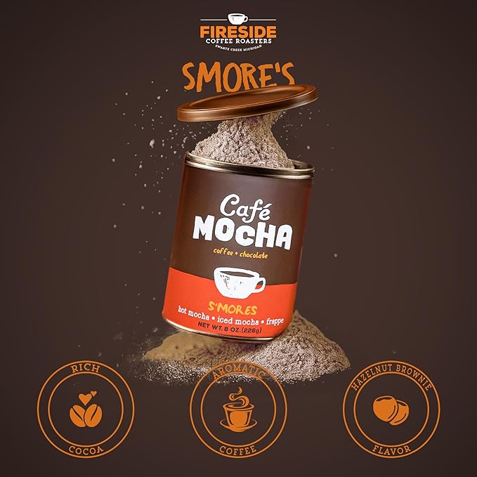 Fireside Coffee S'mores Cafe Mocha - Premium Instant Coffee Chocolate Blend - Versatile Caffeinated Drink Mix for Hot, Iced, Milkshake, and Mocha Frappe Mix, Only Add Water and Enjoy, 8 Ounces