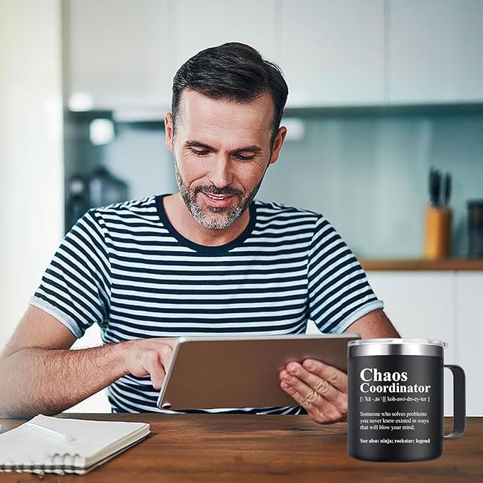 Chaos Coordinator Mug Tumbler 14oz - Christmas Gifts for Men, Boss, Coworker, Manager, Office, Teacher, Nurse - Thank You Birthday, White Elephant Gifts for Adults - Black