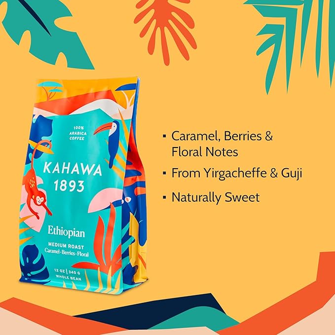 Kahawa 1893 Whole Bean Coffee Medium Roast Ethiopian Blend 24 Oz - As Seen on Shark Tank, High Antioxidants, Naturally Sweet, Organically Grown, Ethically & Sustainably Sourced