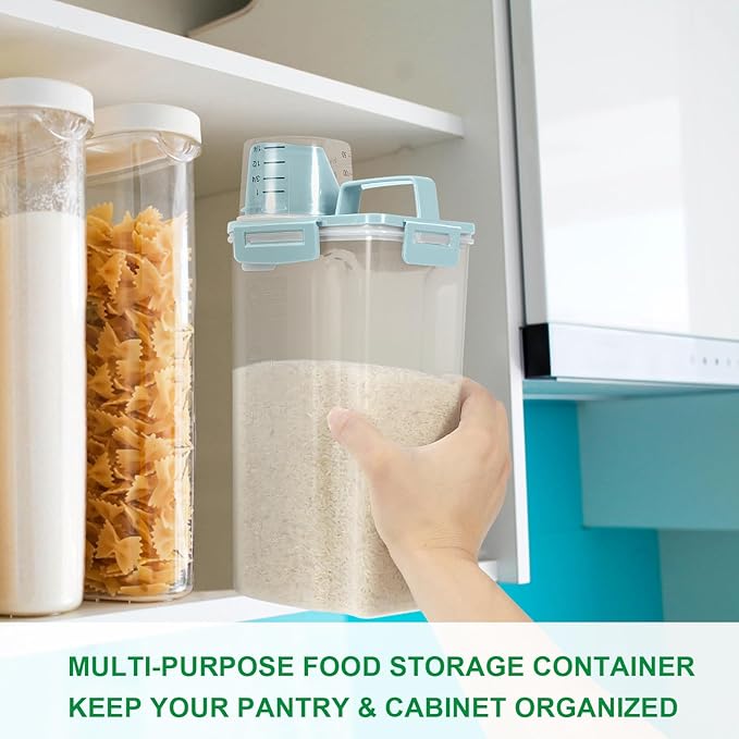 TBMax Rice Container Cereal Storage Container 2 Pack 5 Lbs, Plastic Kitchen Pantry Food Storage Container with Cup, Small Pet Dog Cat Food Dispenser -Blue