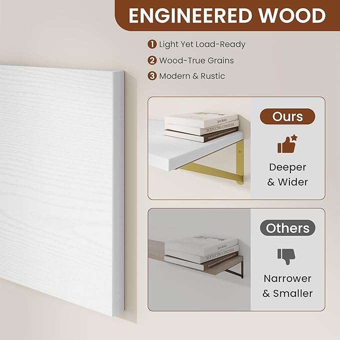 Deep Wall Shelves 12"W x 12"D Engineered Wood Floating Shelves for Wall, Sturdy Metal Bracket(Gold) Bookshelves Home Decor Storage for Living Room Bedroom Bathroom Kitchen, Set of 2, White Finish