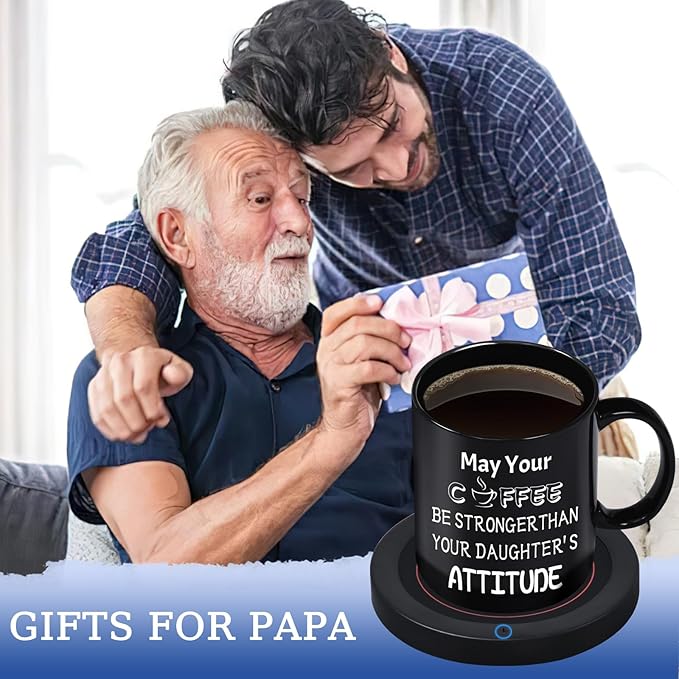 Fathers Day PaPa Gifts for Dad from Daughter, Best Dad Ever Mug,11OZ Coffee Mug Warmer Set, Dad Gifts for Fathers Day, Birthday, Christmas