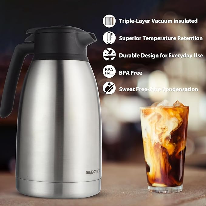 Heritage66 2L Thermal Coffee Carafe with Cleaning Brush – Triple-Wall Vacuum Insulated Stainless Steel Server, Keeps Drinks Hot 12 Hours/Cold 24 Hours, Leak-Proof Lid for Coffee, Tea & Water