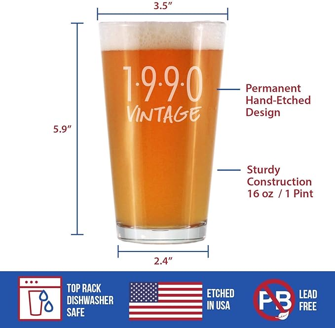 Vintage 1990 Pint Glass for Beer - 35th Birthday Gifts for Men or Women Turning 35 - Fun Bday Party Decor - 16 oz