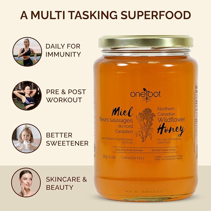 OneRoot Natural Wildflower Honey - 2.2 lbs / 1kg, Pure Canadian Boreal Forest Honey - Unpasteurized, Minimally Filtered & Single-Source - Rich in Enzymes & Antioxidants