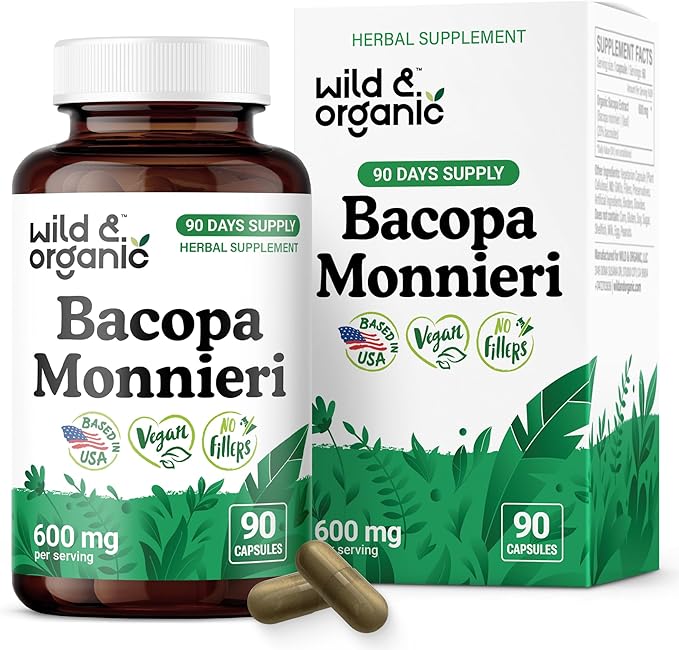 Wild & Organic Bacopa Capsules 600 mg - Brain Support - Natural Bacopa Monnieri Supplement - Brahmi Capsules - 90 Days of Supply - Vegan, No Fillers, Non-GMO - 90 Count