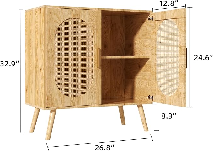 Modern Rattan Storage Cabinet with Doors, Wood Sideboard Buffet Cabinet for Living Room, Entryway, Dining Room (2-Door)