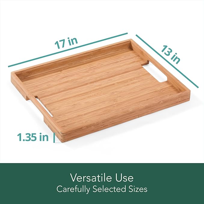 DETOR Serving Tray 17" x 13", Innovative Anti-Slip Coating, Light Walnut Bamboo Finish, Solid Bamboo Board, Decorative & Ottoman Tray for Food, Drinks, and Home Décor
