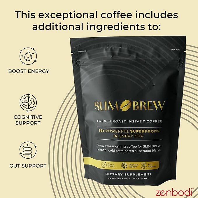 zenbodi Slim Brew French Roast Instant Coffee - 10.5 oz Superfood Coffee, Dietary Supplement, 12 Superfoods Including Maca Root, Panax Ginseng Extract, Turmeric Root, Kale Leaf, and More, 30 Servings