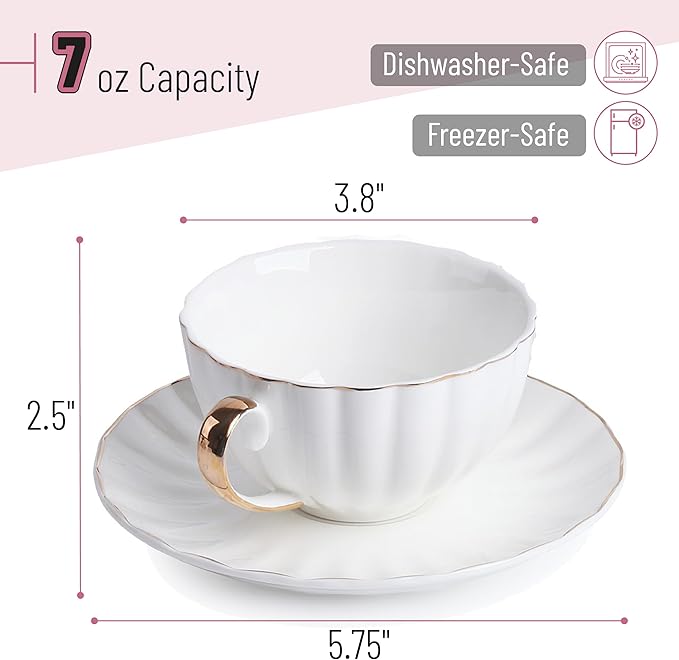 BTaT- White Tea Cups and Saucers with Gift Box, 7oz, Set of 6 Tea Cups Set of 6 with Gold Rim, Christmas Gifts
