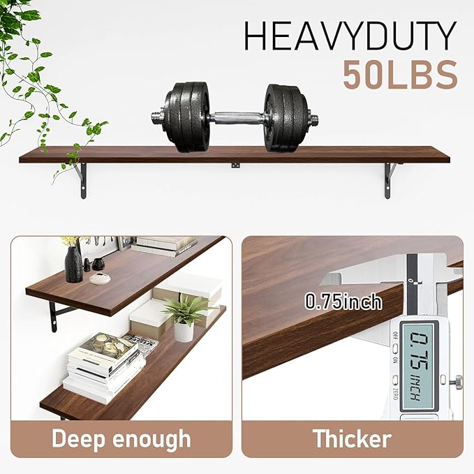 Kaboon 55 inch Long 10 inch Deep Floating Shelves for Wall Set of 2, Large Open Shelves Wall Mounted, Space Saving Home and Commercial Use, Dark Walnut