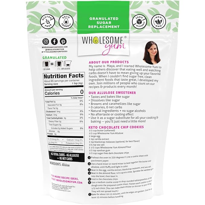 Wholesome Yum Allulose Sweetener - Natural Granulated Sugar Substitute - Keto, Non GMO, Zero Carb, Zero Calorie, Sugar Free, No Aftertaste, Tummy Friendly - Granular Sugar Replacement (12 oz)