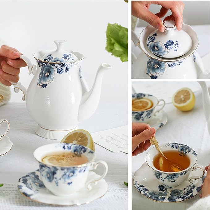 Bone China Tea Cups and Saucers, Vintage Teacups and Saucers for Women Tea Party (Blue B)