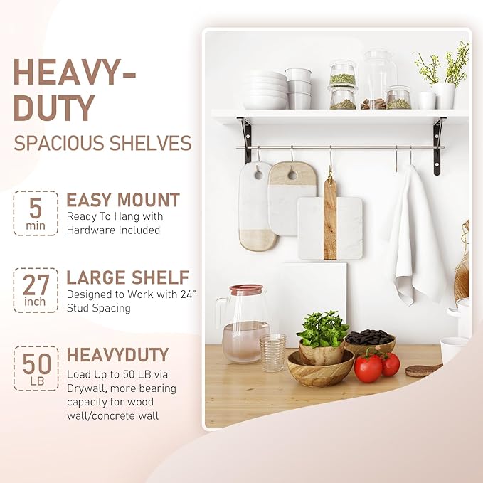 Kaboon 27 inch Long 10 inch Deep Floating Shelves for Wall Set of 2, Large Open Shelves Wall Mounted, Space Saving Home and Commercial Use, White
