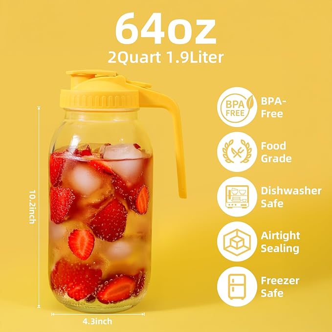 2 Pack Glass Mason Jar Pitcher - 64 oz/2 Quart Wide Mouth Jug with Lid and Pour Spout, Airtight Seal, Leak Proof Iced Tea Pitcher for Sun Tea, Juice, Breast Milk, Cold Beverages, Coffe