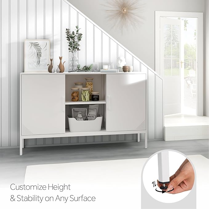 TV Stand with Door and Adjustable Shelves Sideboard Buffet Cabinet Coffee Bar Metal Locker Pantry with 2 Shelves for Office Home Kitchen Living Room (White, 47.24" D x 13.78" W x 29.53" H)