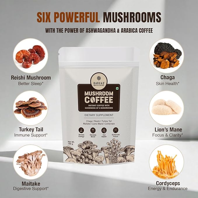 Mushroom Coffee | 6 Adaptogen Mushrooms | Premium Instant Coffee with Benefits of Lion's Mane, Chaga & Turkey Tail for Better Focus, Immune Support, Energy, Digestion & Skin | 30 Servings