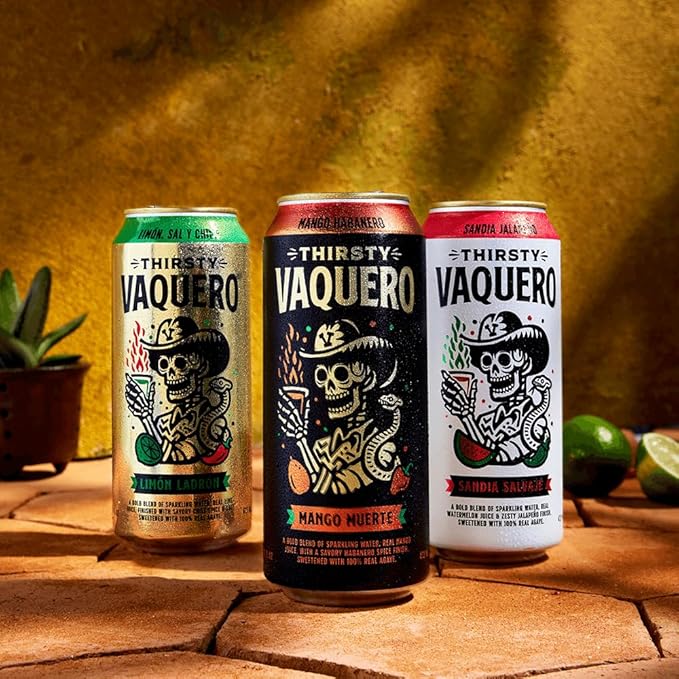Thirsty Vaquero, Mexican-inspired soda, Real Fruit Juice & Savory Spices, Made with Organic Agave, Low Calorie, Natural Juice, 3 Bold Flavors: Lime, Salt & Chile | Watermelon Jalapeno | Mango Habanero (12-Pack | 16Oz Cans, Variety Pack)