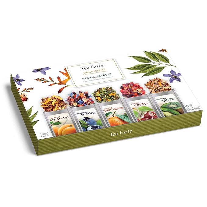 Tea Forte Single Steeps Loose Leaf Tea Sampler, Assorted Variety Tea Box, 15 Single Serve Pouches (Herbal Retreat)