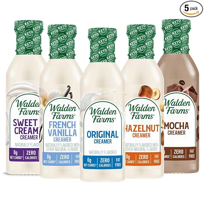 Walden Farms Coffee Creamers Variety Pack - Original, Sweet Cream, Mocha, Hazelnut & French Vanilla – Zero Calorie, Dairy-Free, Low Carb, Keto-Friendly, Sugar-Free – 5-Pack, 12 oz Bottles