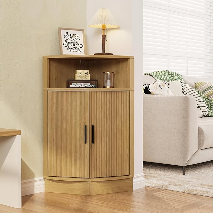 Corner Bathroom Cabinet, Modern Small Corner Cabinet with Fluted Door and Open Shelf, Space Saver for Bathroom, Living Room, Kitchen, Natural