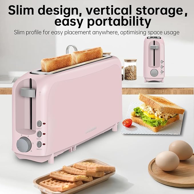 SEEDEEM 2 Slice Slim Toaster, Single 10" Long Slot Toaster Fits Bagels & Artisan Bread, 6 Shade Settings, Cancel/Reheat/Defrost, Removable Crumb Tray, Auto Shut-Off, Pink