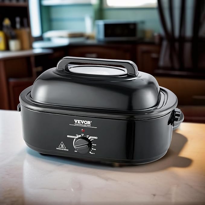 VEVOR Electric Roaster Oven with Defrost & Warm Function, 24 QT Turkey Roaster Oven with Self-Basting Lid, 1450W, Adjustable Temp, Removable Pan & Rack, Fits Turkeys Up to 28LBS, Black