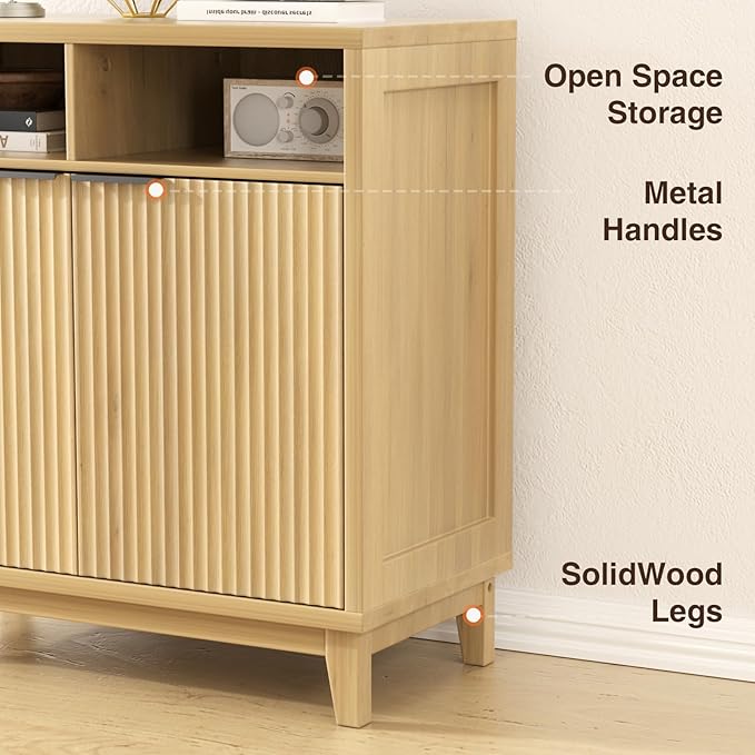 Fluted Cabinet with Doors, Modern Accent Storage Cabinet with Solid Wood Legs & Open Shelf, Space Saver for Bathroom, Living Room, Kitchen, Nautral