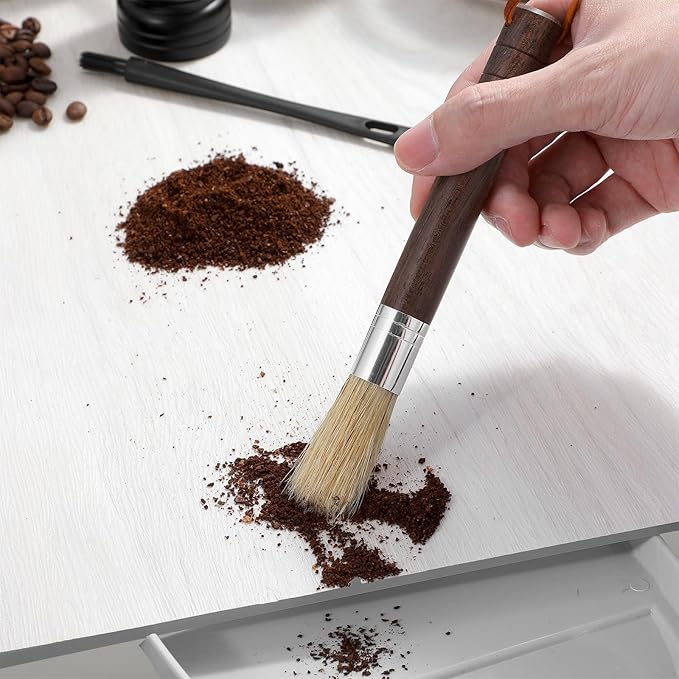 Coffee Cleaning Brush Set - Natural Bristle & Wood Handle, Professional Espresso Grinder Cleaning Tools with Dual-Head Brush