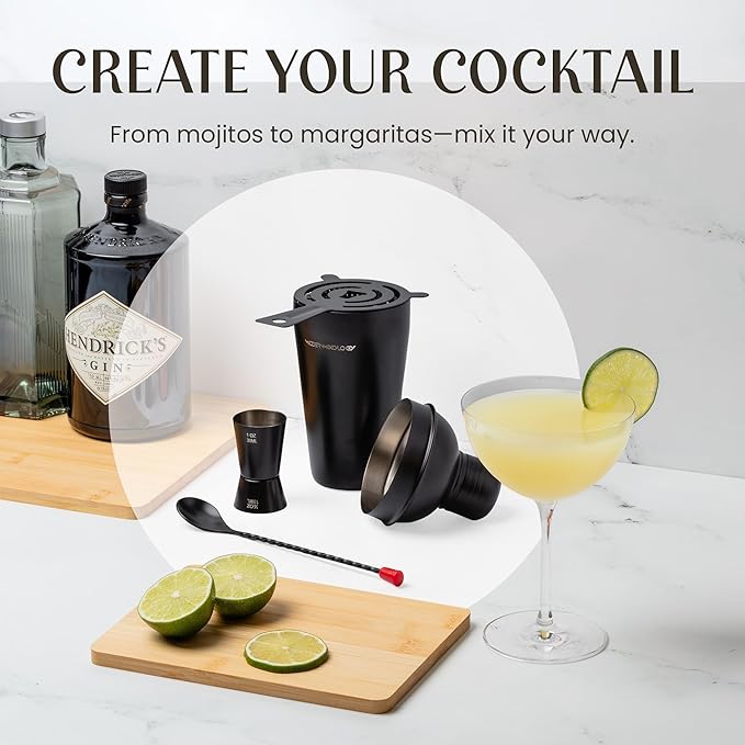 Modern Mixology Cocktail Shaker Set - 8 Piece Bartender Kit with Martini Shaker and Popular Bar Accessories on Quality Pine Stand - Leak Proof Design (Black)