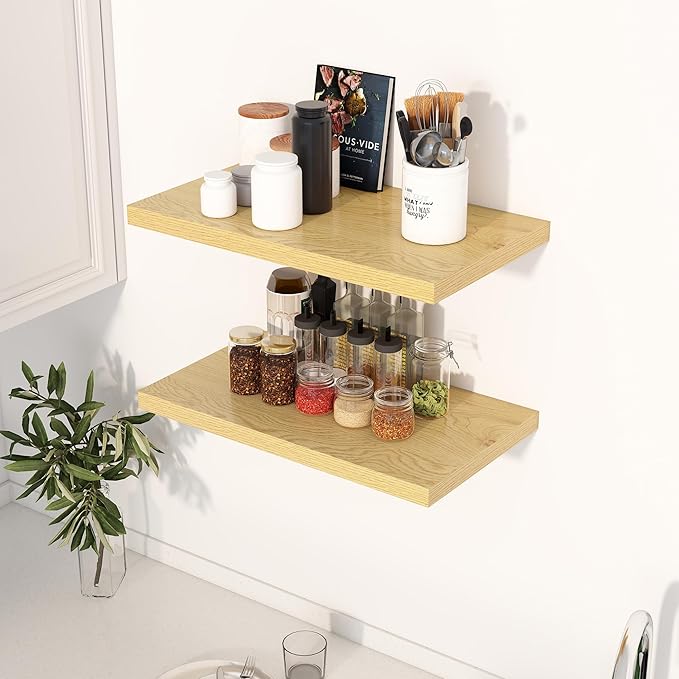 Dreamland 24" Floating Shelves for Wall, 12" Deep Slim Oak Floating Shelves, Wall-Mounted Shelves for Bedroom, Living Room, Kitchen, Bathroom - Set of 2