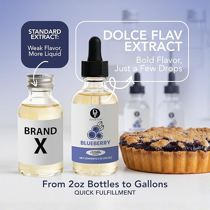 Dolce Flav Blueberry Extract – 2 Ounce Oil-Soluble Kosher, Sugar-Free, Concentrated Ripe Blueberry Flavoring for Baking, Chocolates & Desserts, Includes Measured Dropper