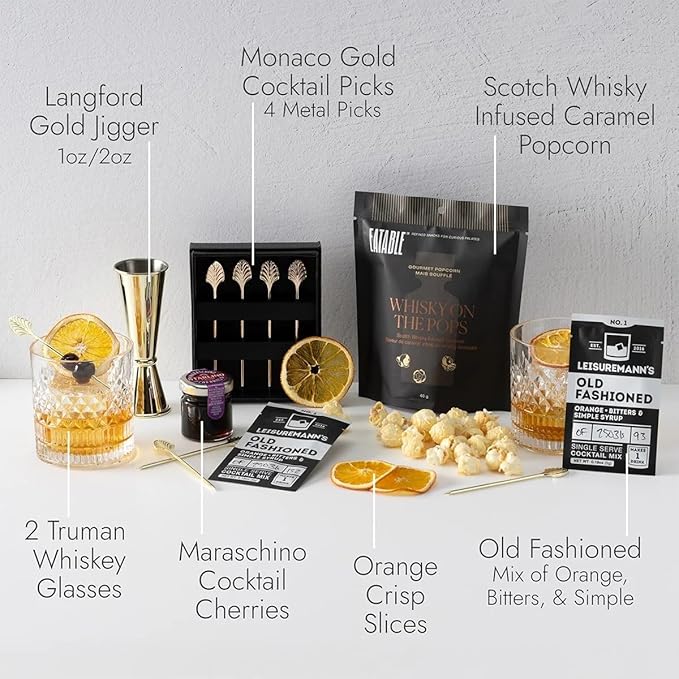 Hawthorne Old Fashioned Cocktail Gift Set | Premium Mixology Kit with Truman Glasses, Gold Jigger, Gourmet Mixers & Garnishes | Perfect Whiskey Gift for Men, & Cocktail Lovers